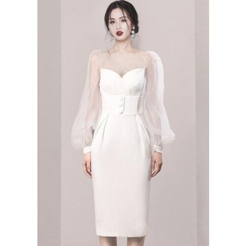 New White Temperament French Evening Dress Sexy Slim Dress Formal Dresses Evening Gown Formal Dress Mermaid Dress Satin Dress