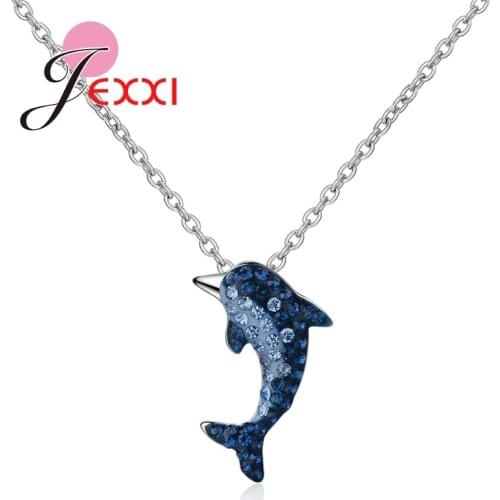 Cute New Fashion Classical Animal Blue Fish Shape Setting Shiny Cubic Zirconia For Woman Girls 925 Sterling Silver Necklace