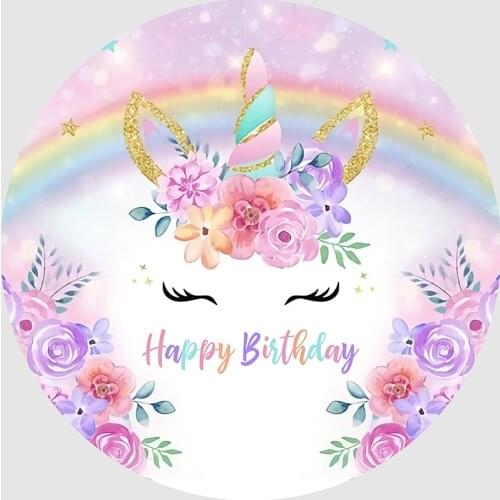 Sensfun unicorn Happy Birthday Party Round Backdrop Newborn Children Portrait Purple Flowers Baby Shower Photography Background