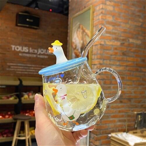 Cute Duck Mugs with Lid Spoon Cup with Straw Glass Borosilicate Cup Girl Home Summer Mug Water Cup Kawaii Mug Glass Coffee Cup