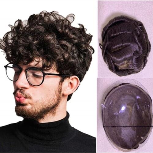 Super Thin Skin All Pu Replacement Natural Black Curly Mens Hair Pieces Preplucked For Man Fashion Toupee Human Remy Hair Wig