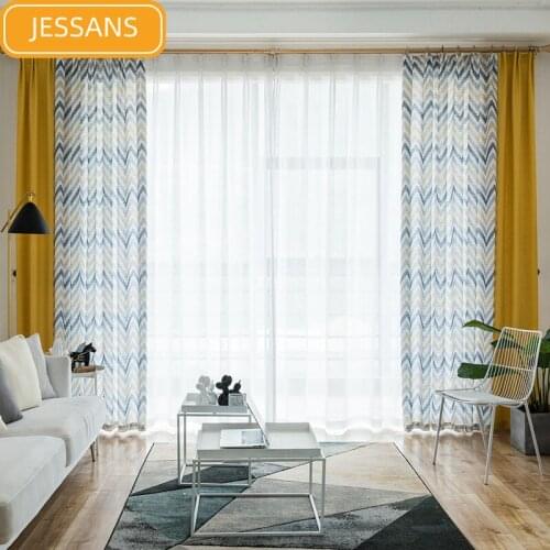 Nordic Modern Fine Cotton and Linen Curtains Yellow Stitching Striped Curtains for Living Room Bedroom Finished Product