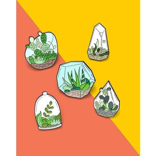 Glass cover Potted plant Enamel Pin Green leaves Succulent cactus Lapel Brooch Backpack jackets denim time Badge