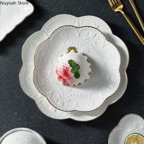 European Style White Gold Rim Plate Lace Dessert Plate Dessert Plate Embossed Ceramic Tableware 8-inch Disc Storage Set Plate