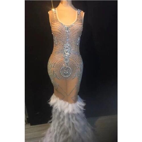 High end fashion sexy dress Handmade stick drill elastic polyurethane fabric Skirt feather Evening Costume Full dress Dinner
