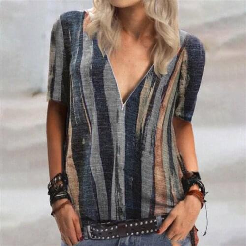 Women Tie-Dye T-Shirt 2021 Striped Printed V-Neck Zipper Tops Summer Fashion Short-Sleeved Clothing Female Trendy Harajuku Tees