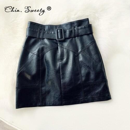 With Belt Womens PU Mini Skirts High Waist Leather Sashes A-line Short Skirt 2020 New Autumn Winter Sexy Streetwear Clothes