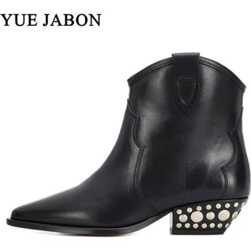 Genuine Leather Womens Boots Autumn Winter Chunky Heel Boots Ladies Shoes Woman Leather Sexy Ankle Boots Slip On Botas Mujer