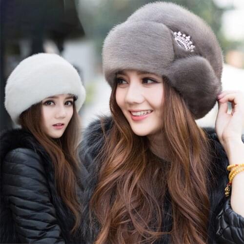 Womens New Winter Mink Fur Hats 2020 Ladies Fur Hats New Fashion Ear Protection Crown Hats Winter Warm Fur Straw Hats