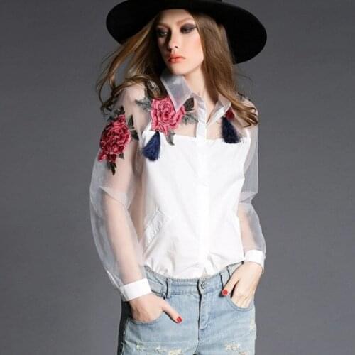 Women Shirts Blouses Organza Embroidery Sexy Shirts OL Slim Solid Color Blouses Ladys Long Sleeve V-Neck Tops