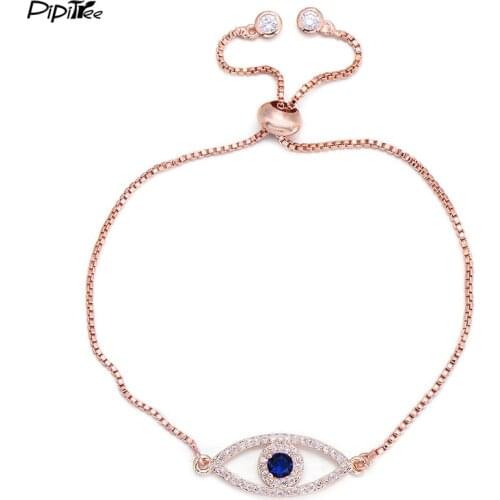 Pipitree Shiny Blue Zircon Evil Eye Charm Bracelet Femme Gold Color Copper Chain Link Women Bracelets & Bangles Jewelry