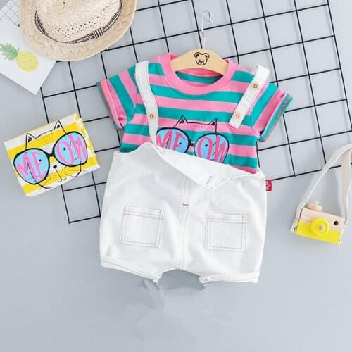 2019 Summer Baby Girls Clothing Sets Striped Cartoon Cat T-shirt Tops + Overalls Pants 2Pcs Baby Suits Infant Clothing Set