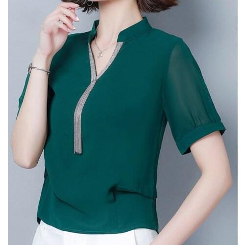 2021 Summer Shirts Women Ladies Tops Chiffon Blouse for Women Tops Plus Size V-Neck Solid Short Tassel Blusas Mujer De Moda