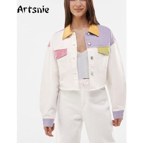 Artsnie Streetwear Patchwork Denim Jackets Women Autumn Tuwn Collar Long Sleeve Coat Female Vintage Pockets Ladies Jackets