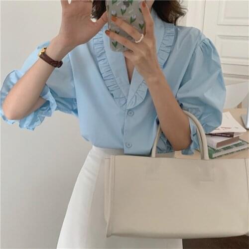 Alien Kitty Sweet Casual All Match New Ruffles Summer Hot Blouses 2021 Office Lady Femme Slim OL Elegant Chic Women Tops Shirts