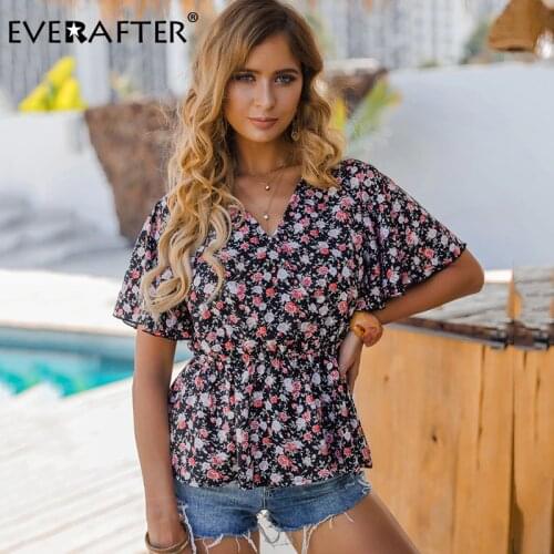 EVERAFTER Boho v-neck summer blouse women floral print vintage ruffle Elastic waist shirt casual beach blouse 2020 female tops