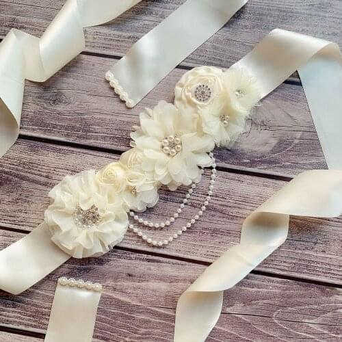 Baby Shower Maternity Dress Belt Party Rose Blossom Pearl Forest Bridal Waist Cover Sash with Flowers Pearls Rhinestone