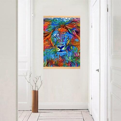 Picture Nordic Poster Blue Tiger Cartoon Abstract Wall Art Print Wooden Scroll Hanging Painting Canvas Home Interior Decoration