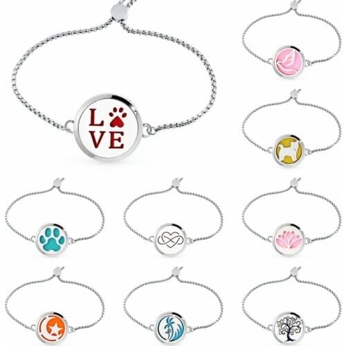 Love paw footprint Lotus Essential Oil Diffuser Locket Perfume Bracelet Adjustable Stainless Steel 30mm locket Bracelet 10pads