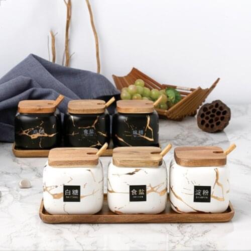 Matte marble pattern ceramic seasoning jar Set Wood Tray oil and salt shaker household Spice box set kitchen seasoning bottle