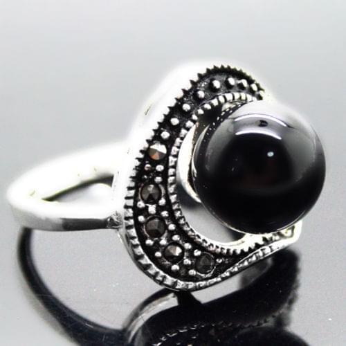 Natural 8mm Black Agates Beads 925 Sterling Silver Marcasite Ring Size 7/8/9/10