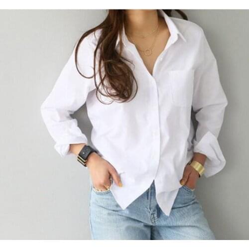 New Solid Color Bottom long-Sleeve Shirt Versatile Simple loose Thin lapel Shirt Women