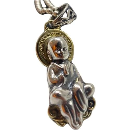 BOCAI New Real Pure s925 sterling silver retro personality good fortune Zen boy novice monk Maitreya Buddha pendant