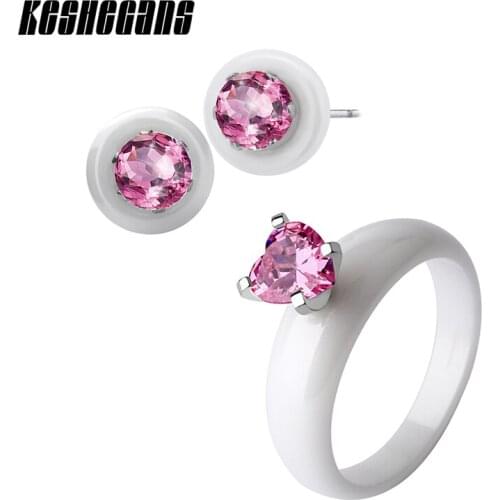 New Elegant Pink Crystal Jewelry Set Rhinestone Stud Earrings Heart Shape Ceramic Ring Black White or Women Fashion Jewelry Gift