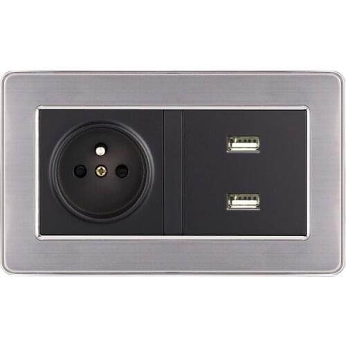 Stainless Steel Panel French Standard USB Socket 146 Type Wall Concealed Usb Outlet Wall Electrical Socket 16A 110-250V