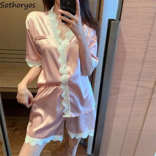 Pajama Sets Women Lace Sexy Sleepwear Loose V-neck Loungewear Homewear Womens Pajamas Korean Casual Simple Soft Breathable Ins