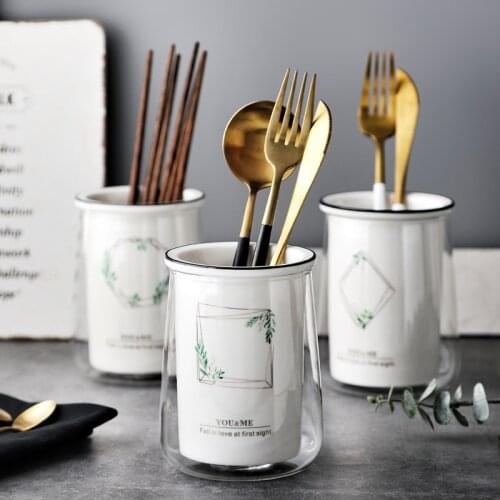 Nordic Printing Ceramic Chopstick Holder Table Decoration Chopsticks Spoon Drain Tube Kitchen Storage Supplies Pantry Organizer