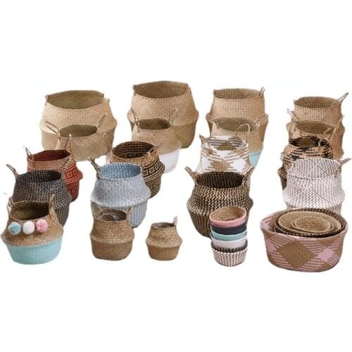 Handle Seagrass Laundry Basket Folding Handmade Straw Flowerpot Planter Wicker Clothes Toys Storage Holder Organizer