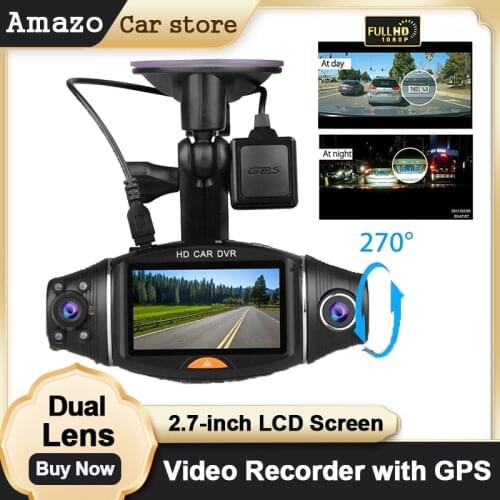 Dash Cam Dual Lens 1080P HD Recording Car DVR Night Vision 2.7'' LCD Screen Built-In GPS Video Recorder Front and Rear camera