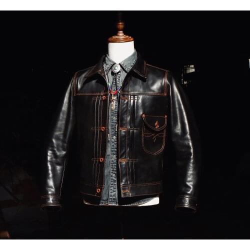 YR!Free shipping.New arrival,classic casual 506 style leather jacket.1.3mm thick indigo cowhide coat.top quality leather clothe