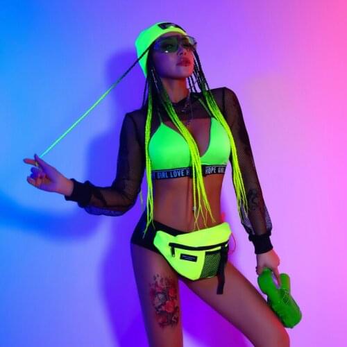 Sexy Bikini Outfits For Women Fluorescent Green Top Shorts Nightclub Bar Dj Ds Performance Costumes Pole Dance Clothing DQS6736