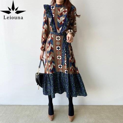 Leiouna Geometric Vintage Single Breasted Velvet Spring Women O Neck Splicing Bandage Ruffles Female Bohemian Elegant Slim Dress