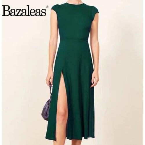 Bazaleas Fashion Green cap sleeve women dress Vintage Backless women midi Dress Sexy retro split vestidos