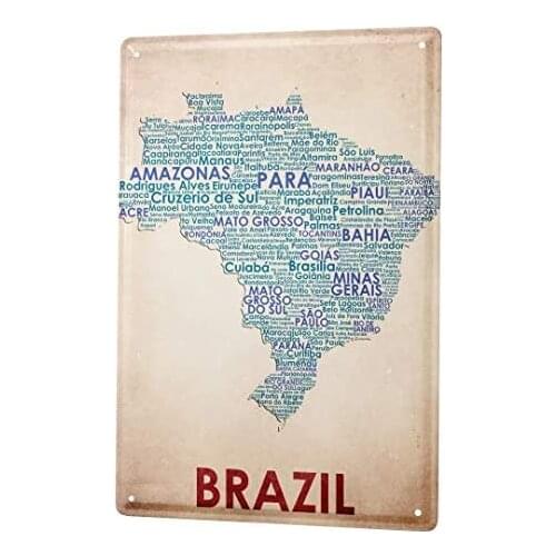 Tin Sign Decor Plaques World Trip Map of Brazil Decorative Wall Plate 8X12