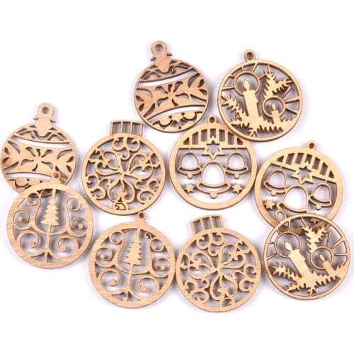 Carved Christmas Ball Cutouts Natural Wooden Scrapbooking Diy Craft for decoration ornament handicrafts 10pcs MT1855
