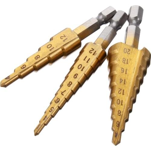 3pcs 20/12mm HSS Titanium Coated Step Drill Bit for Metal High Speed Steel Wood Drilling Power Tools Hole Cutter Cone Drill