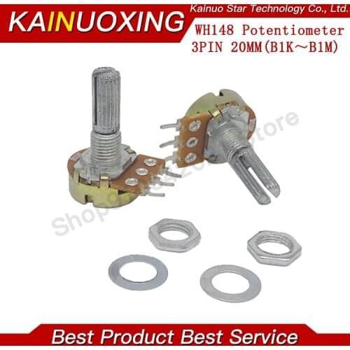 5pcs WH148 B1K B2K B5K B10K B20K B50K B100K B500K 3Pin 20mm Shaft Amplifier Dual Stereo Potentiometer 1K 2K 5K 10K 50K 100K 500K
