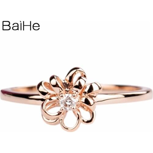 BAIHE Solid 14K Rose Gold 0.03CT H/SI Round Natural Diamonds Wedding Engagement Women Trendy Fine Jewelry Flower Diamond Ring