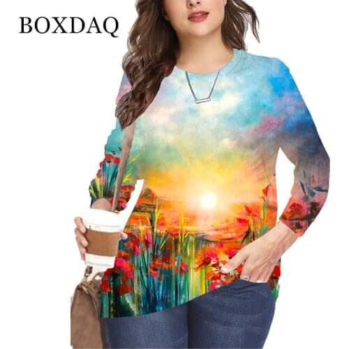 Plus Size 3XL 4XL 5XL 6XL 2021 Women New Autumn Boho Print Tops Long Sleeve Cotton Female T-Shirt Casual Loose Ladies Tee Shirt