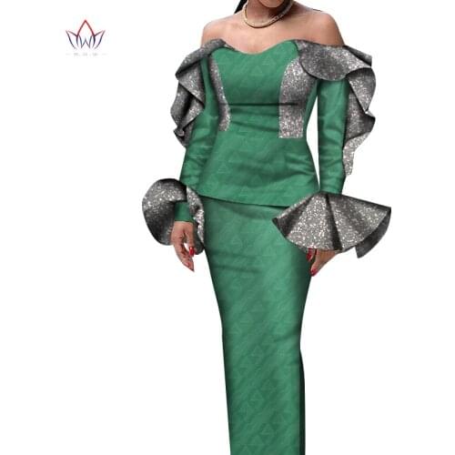 BRW African Womens Outfits Dashiki Fashion Sequins Top & Skirt African Clothes Bazin Plus Size Lady Clothing for Party WY7996