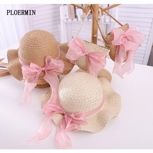 New Summer Child Sweet Cute bow Breathable Straw Hat With Handbag Bags Sets Kids Girls Sun Visor UV Protection Beach Hat Gorras
