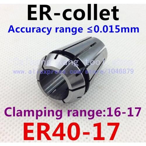 ER40-17 . ER collet. Collet. Material: 65 Mn spring steel. Accuracy: 0.015mm. Clamping range: 16-17mm. Specifications: ER40-17