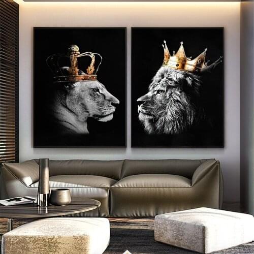 Lion & Lioness King Queen Crown Canvas Painting Wall Art Tiger In Coat Picture For Living Room Posters And Prints Home Decor