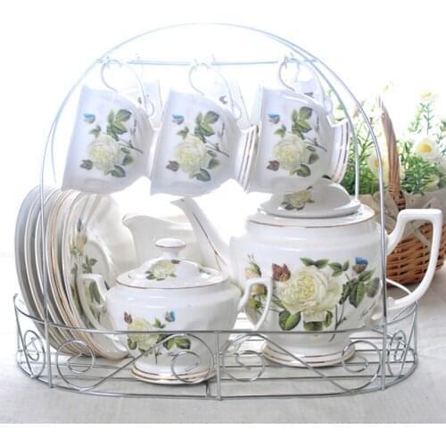 Royal 15pcs Ceramic Coffee set 1200ml Kettle fashion Tea Set coffee pot set coffee Cup rose pattern with Shelf