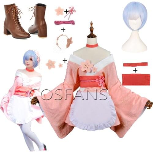Re Zero Kara Hajimeru Isekai Seikatsu Remu Sakura Maid Dress Uniform Outfit Anime Halloween Cosplay Costumes Wigs and shoes