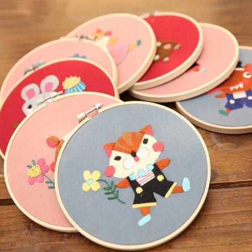 Cartoon Animal Embroidery Kit with Bamboo Hoop DIY Needlework Cross Stitch Handmade Kit for Beginner Sewing Art Gift Home Decor